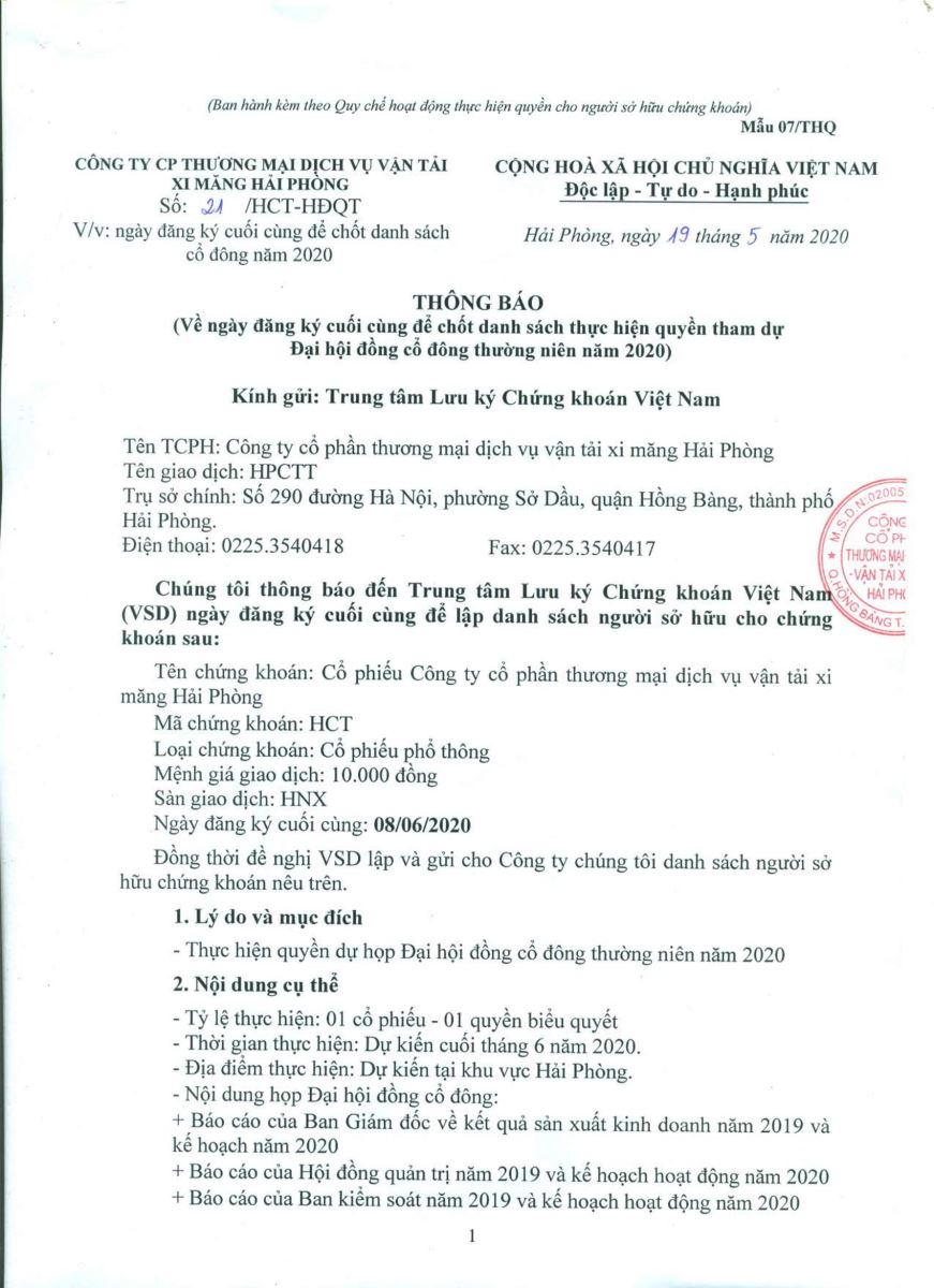 Thông báo về ngày đăng ký cuối cùng để chốt danh sách quyền tham dự ĐHĐCĐ thường niên năm 2020