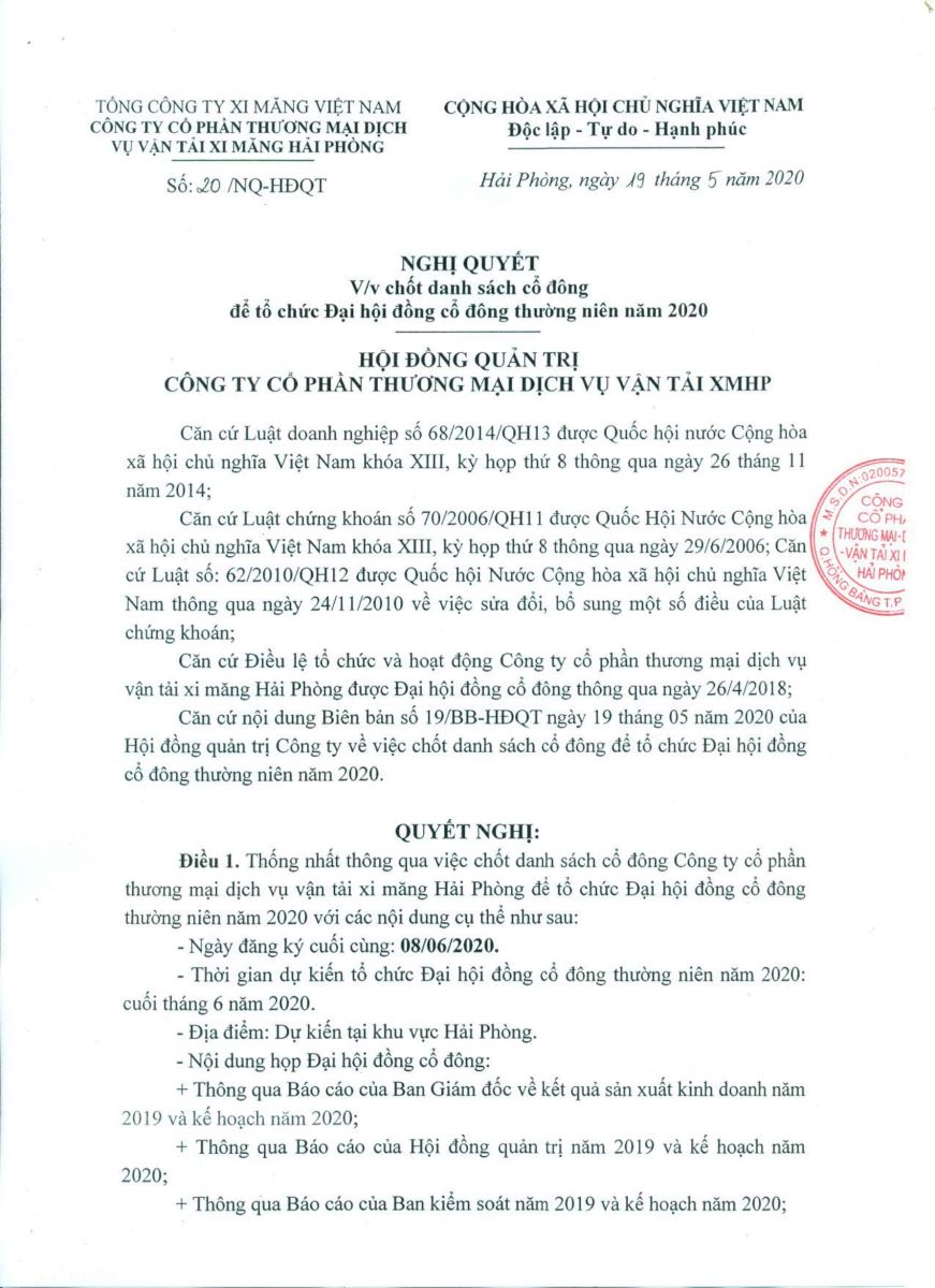 Thông báo về ngày đăng ký cuối cùng để chốt danh sách quyền tham dự ĐHĐCĐ thường niên năm 2020