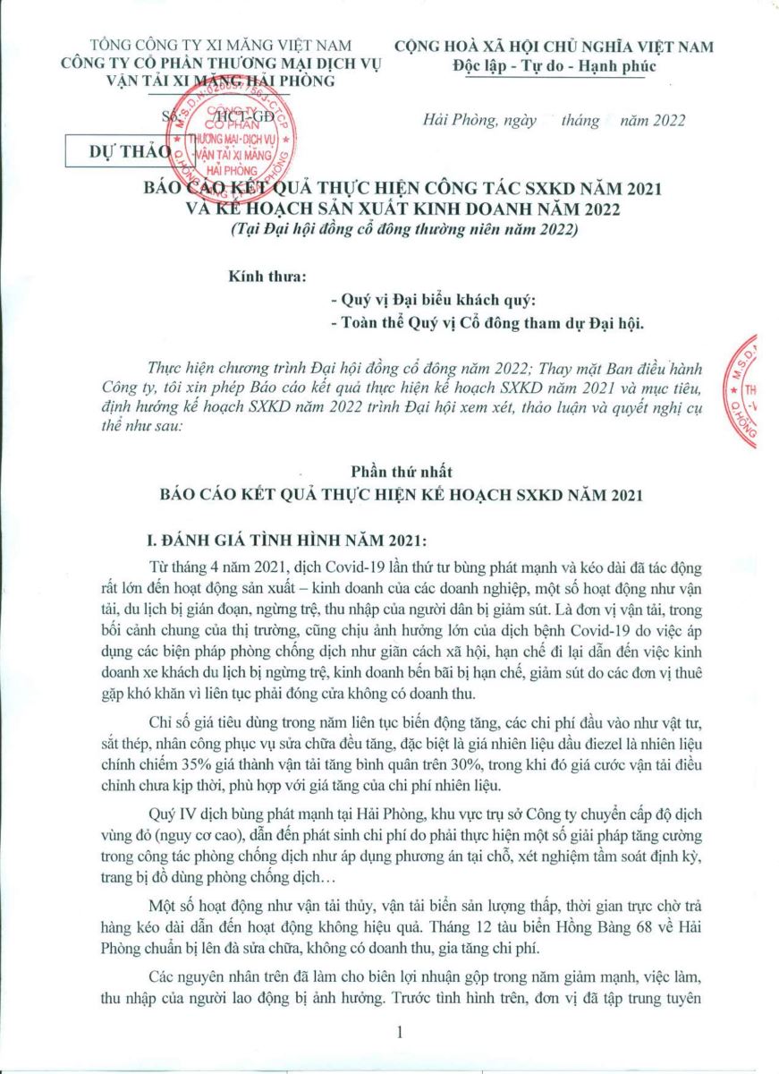 Dự thảo các báo cáo tại ĐHĐCĐ thường niên năm 2022