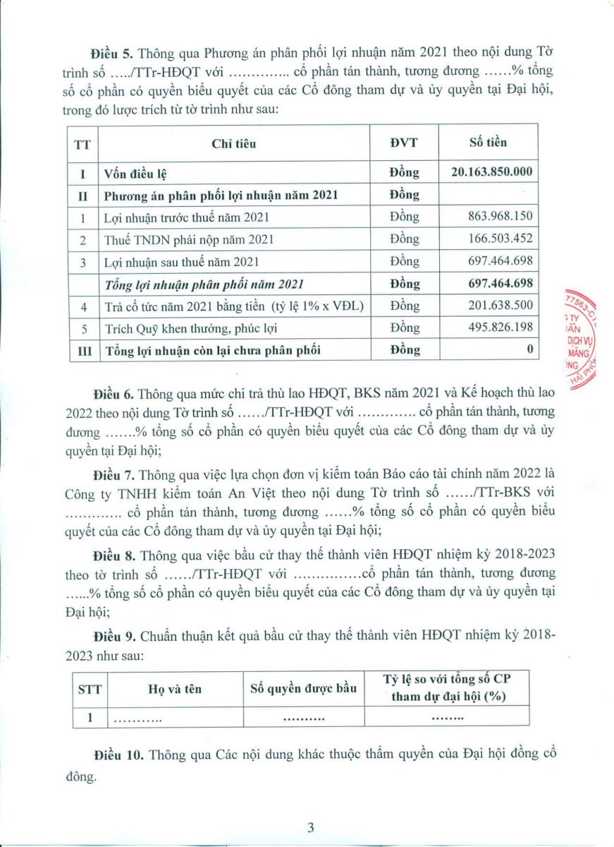 Dự thảo Nghị quyết ĐHĐCĐ thường niên năm 2022