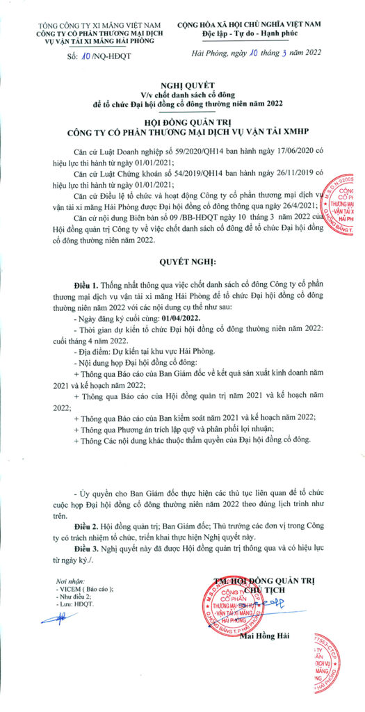 Nghị quyết v.v chốt danh sách cổ đông để tổ chức ĐHĐCĐ thường niên năm 2022