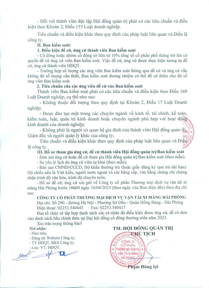 Dự thảo thông báo đề cử nhân sự và quy chế bầu cử ĐHĐCĐ thường niên 2023