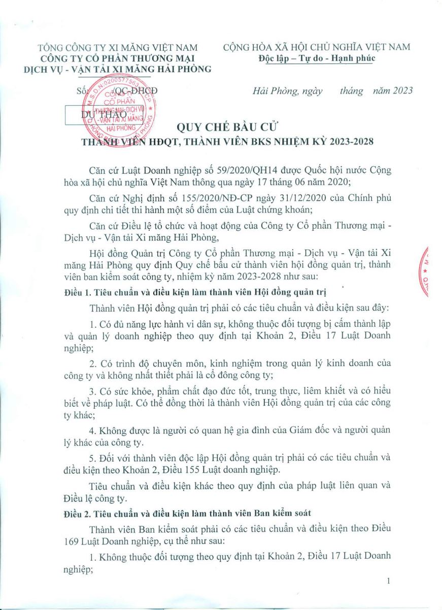 Dự thảo thông báo đề cử nhân sự và quy chế bầu cử ĐHĐCĐ thường niên 2023