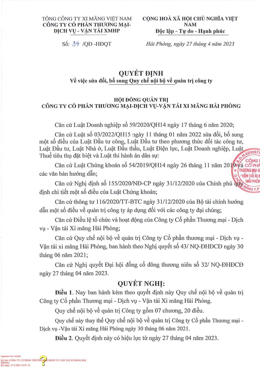 Quyết định về việc sửa đổi, bổ sung Quy chế nội bộ về quản trị Công ty tại ĐHĐCĐ năm 2023