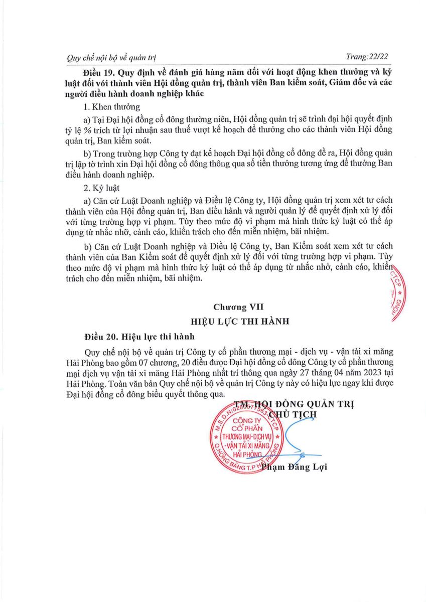 Quyết định về việc sửa đổi, bổ sung Quy chế nội bộ về quản trị Công ty tại ĐHĐCĐ năm 2023