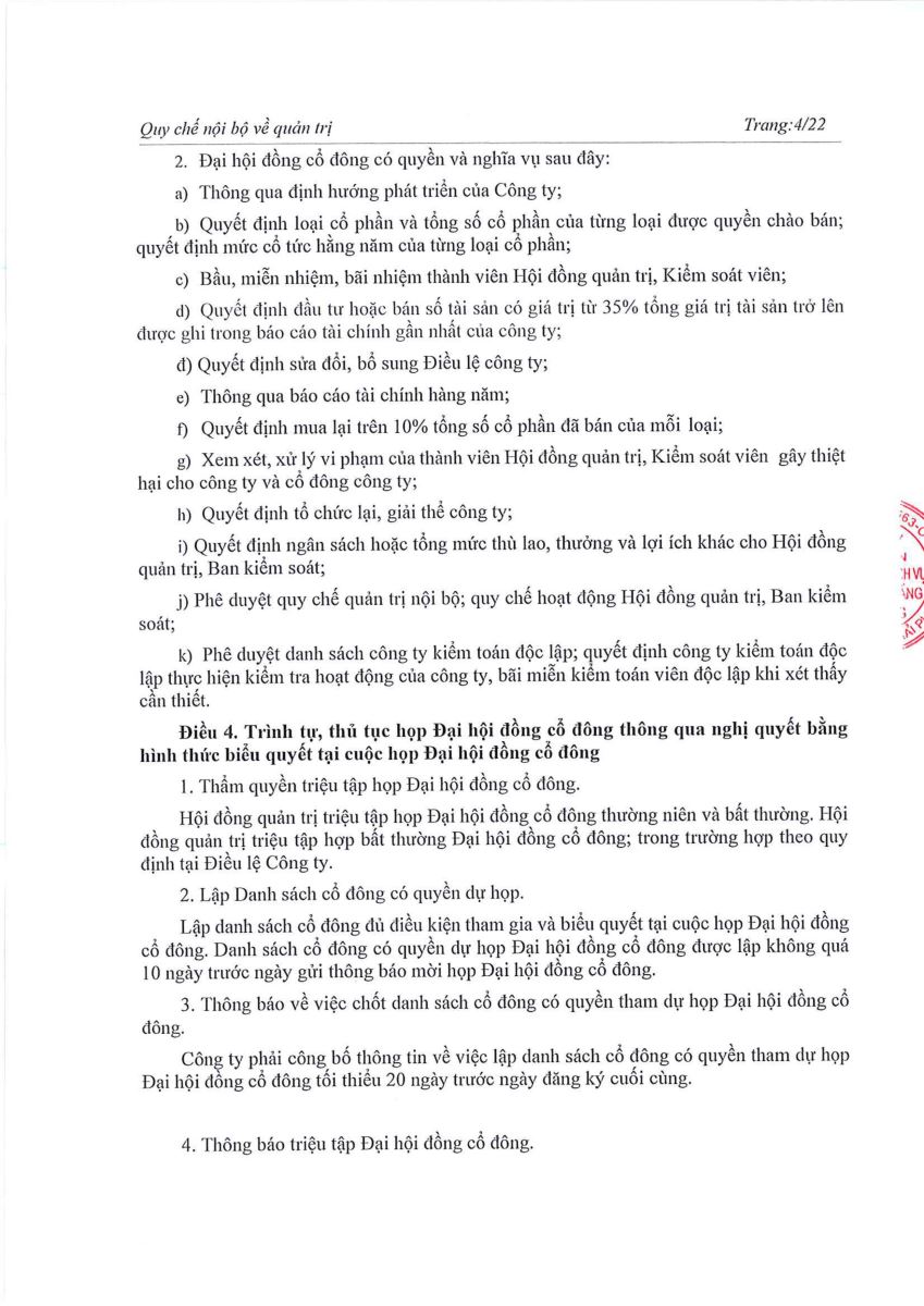 Quyết định về việc sửa đổi, bổ sung Quy chế nội bộ về quản trị Công ty tại ĐHĐCĐ năm 2023