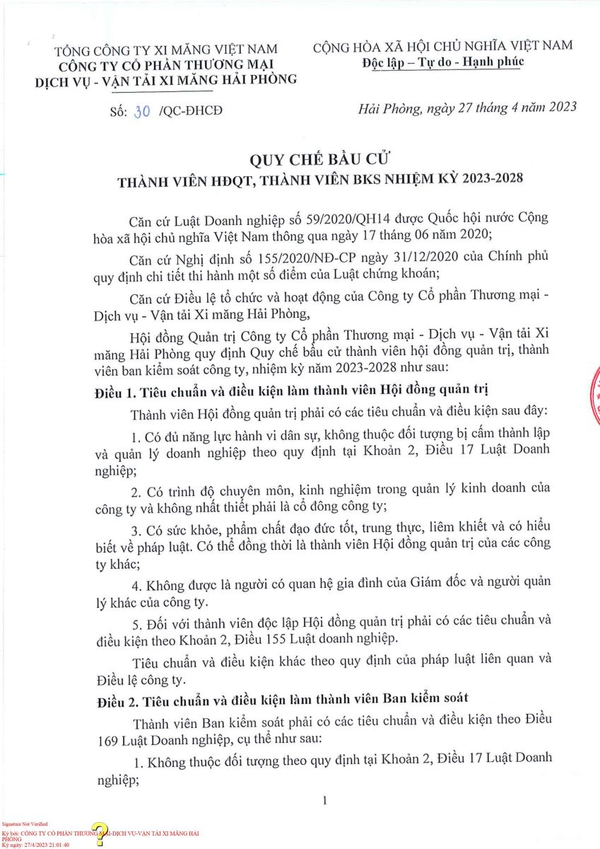 Quy chế bầu cử thành viên HĐQT, BKS nhiệm kỳ 2023-2028