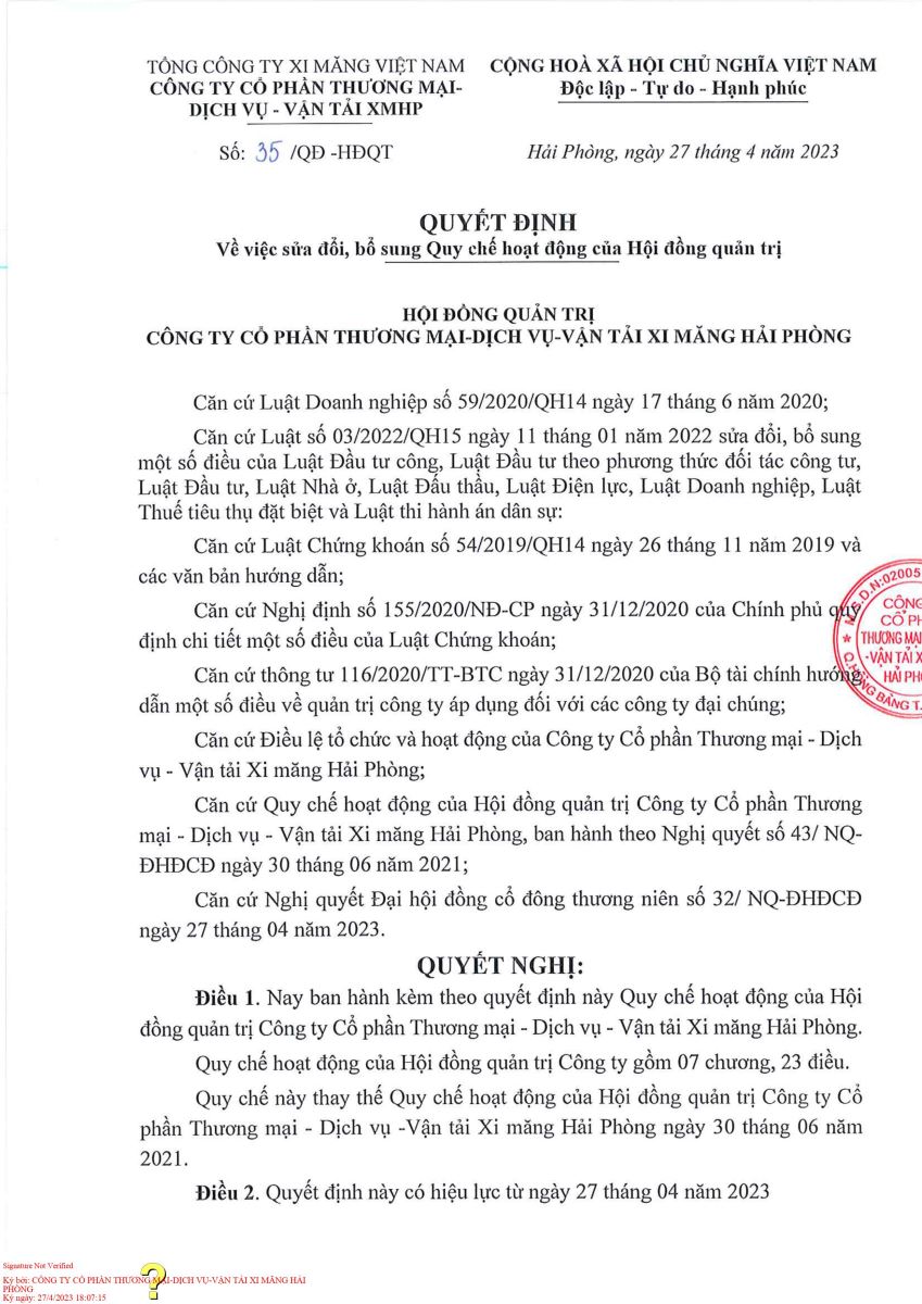 Quyết định về việc sửa đổi, bổ sung Quy chế hoạt động của HĐQT tại ĐHĐCĐ năm 2023