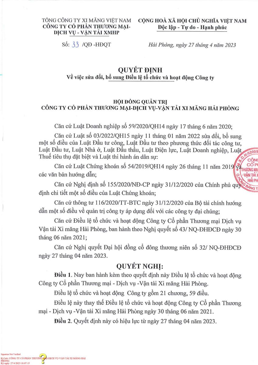 Quyết định về việc sửa đổi, bổ sung Điều lệ tổ chức và hoạt động của Công ty tại ĐHĐCĐ năm 2023