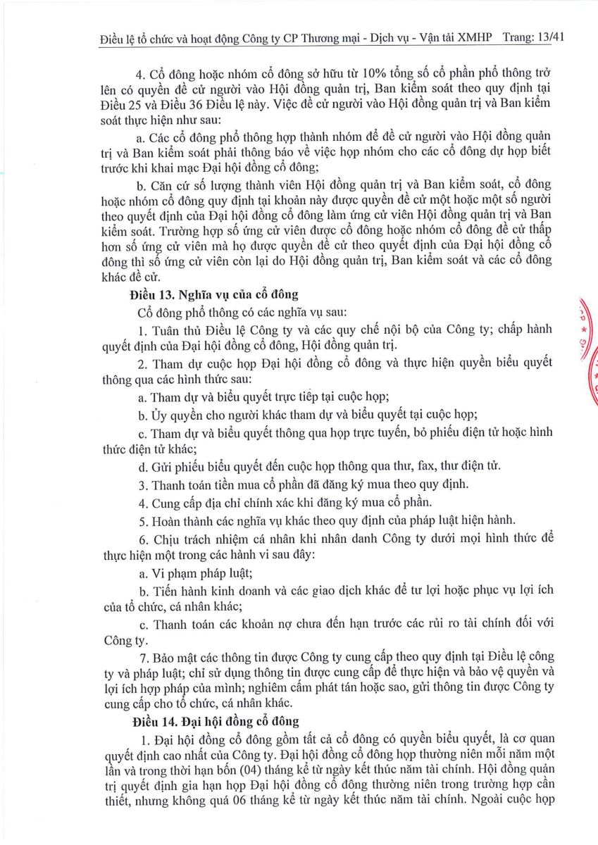 Quyết định về việc sửa đổi, bổ sung Điều lệ tổ chức và hoạt động của Công ty tại ĐHĐCĐ năm 2023