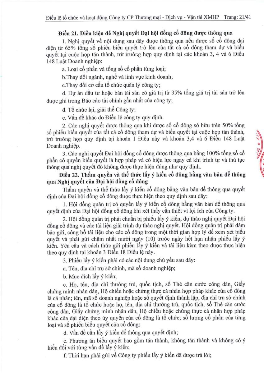 Quyết định về việc sửa đổi, bổ sung Điều lệ tổ chức và hoạt động của Công ty tại ĐHĐCĐ năm 2023