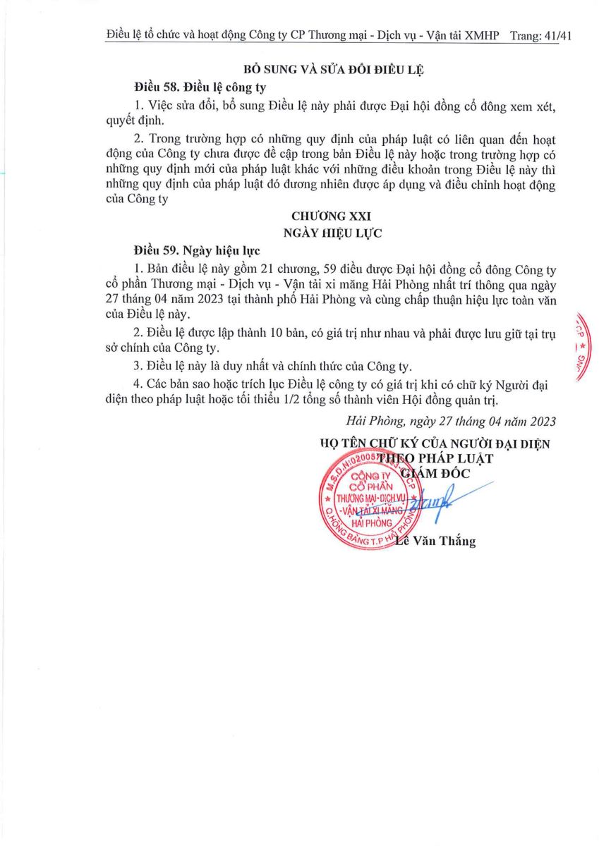 Quyết định về việc sửa đổi, bổ sung Điều lệ tổ chức và hoạt động của Công ty tại ĐHĐCĐ năm 2023