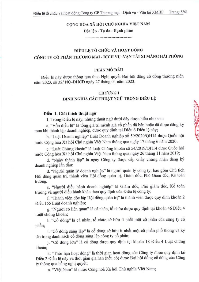 Quyết định về việc sửa đổi, bổ sung Điều lệ tổ chức và hoạt động của Công ty tại ĐHĐCĐ năm 2023