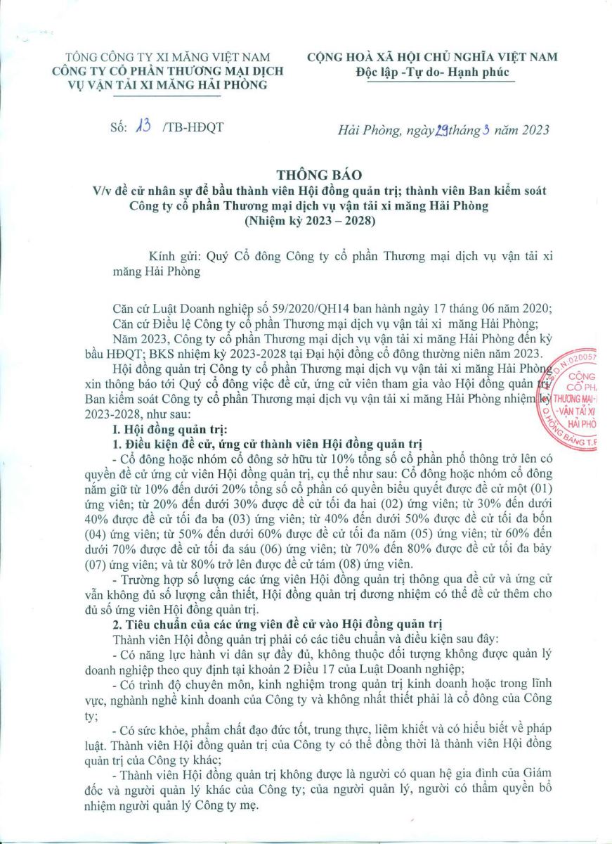 Thông báo về việc đề cử nhân sự để bầu thành viên HĐQT, thành viên BKS nhiệm kỳ 2023-2028