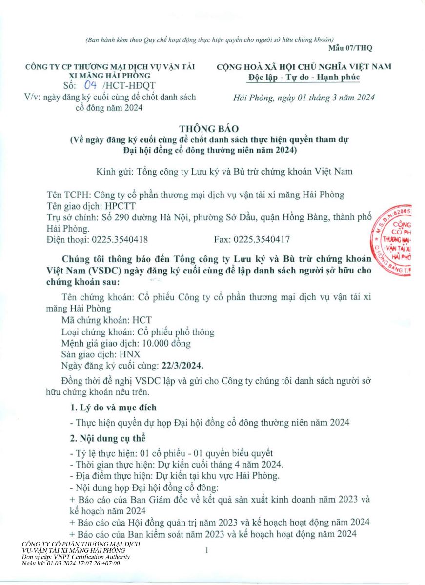 Thông báo về ngày đăng ký cuối cùng để chốt danh sách thực hiện quyền tham dự ĐHĐCĐ thường niên năm 2024