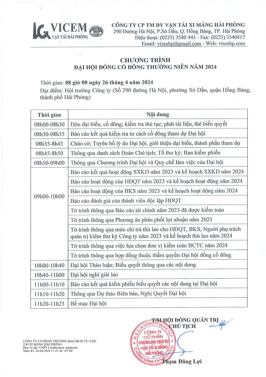 Chương trình Đại hội đồng cổ đông thường niên năm 2024