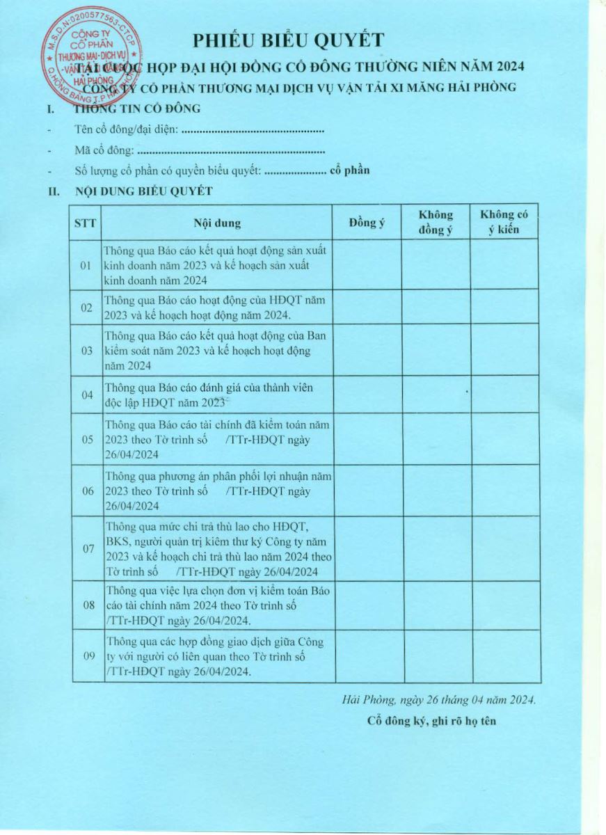 Mẫu thẻ biểu quyết, phiếu biểu quyết ĐHĐCĐ thường niên năm 2024