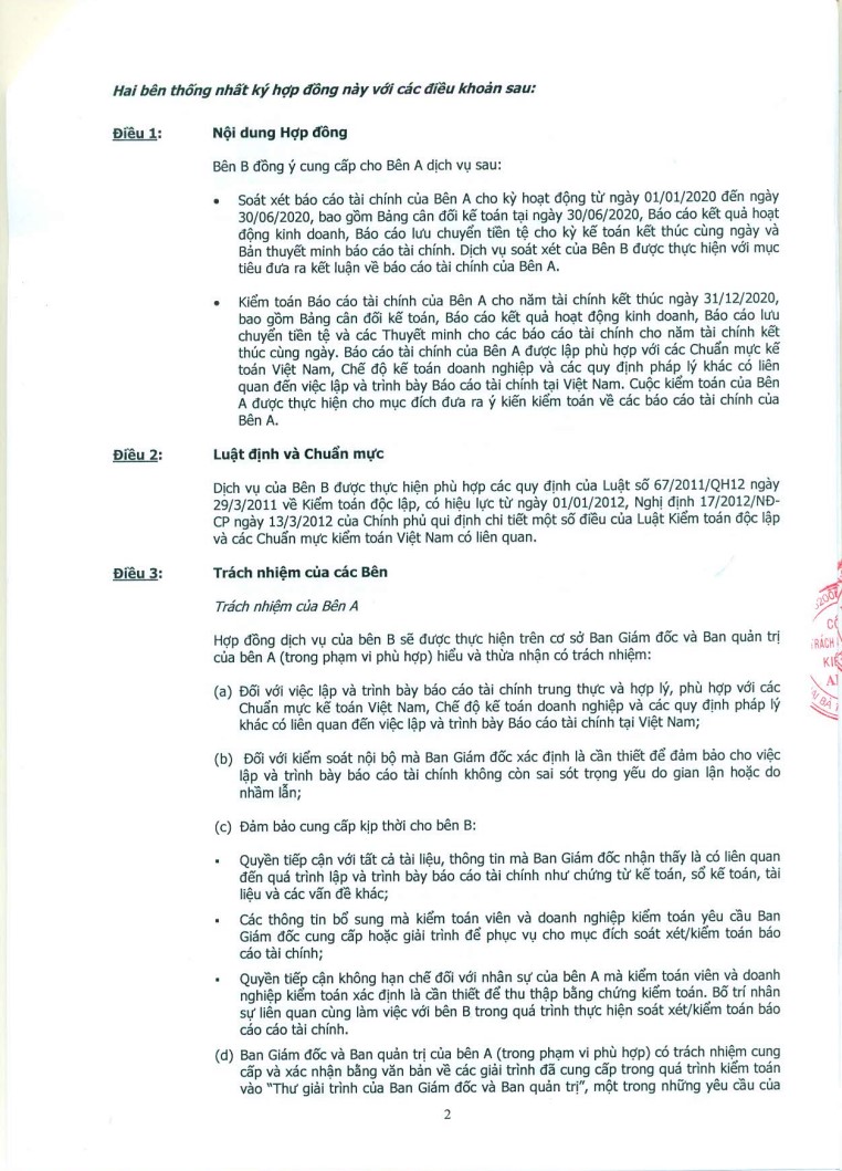 Công bố thông tin v/v ký hợp đồng kiểm toán năm 2020