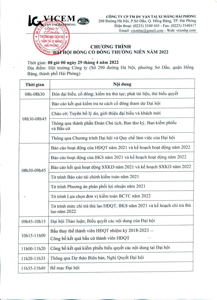 Chương trình tổ chức ĐHĐCĐ thường niên năm 2022