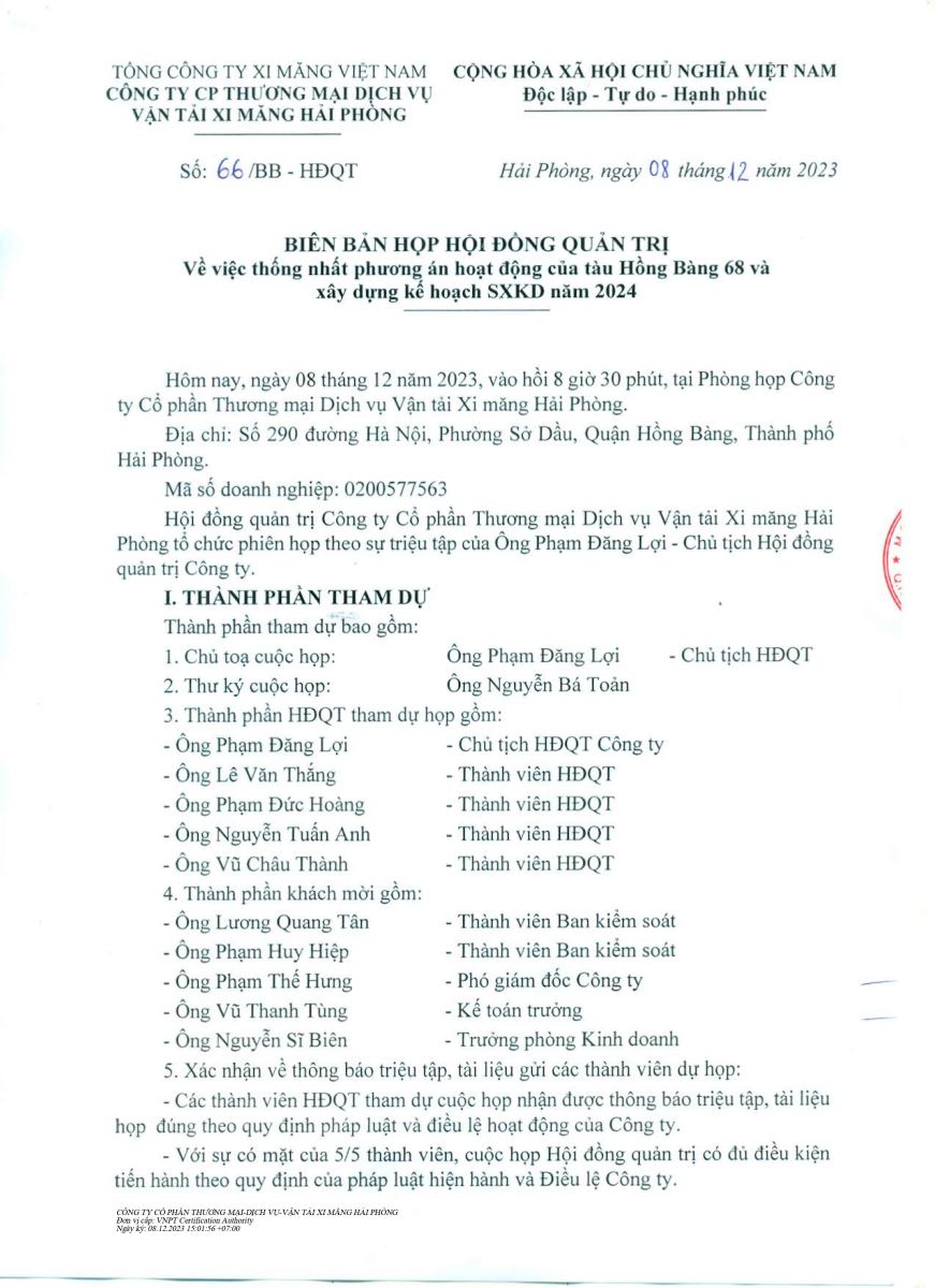 Biên bản họp HĐQT v.v thống nhất phương án hoạt động của tàu Hồng Bàng 68 và xây dựng KHSXKD năm 2024