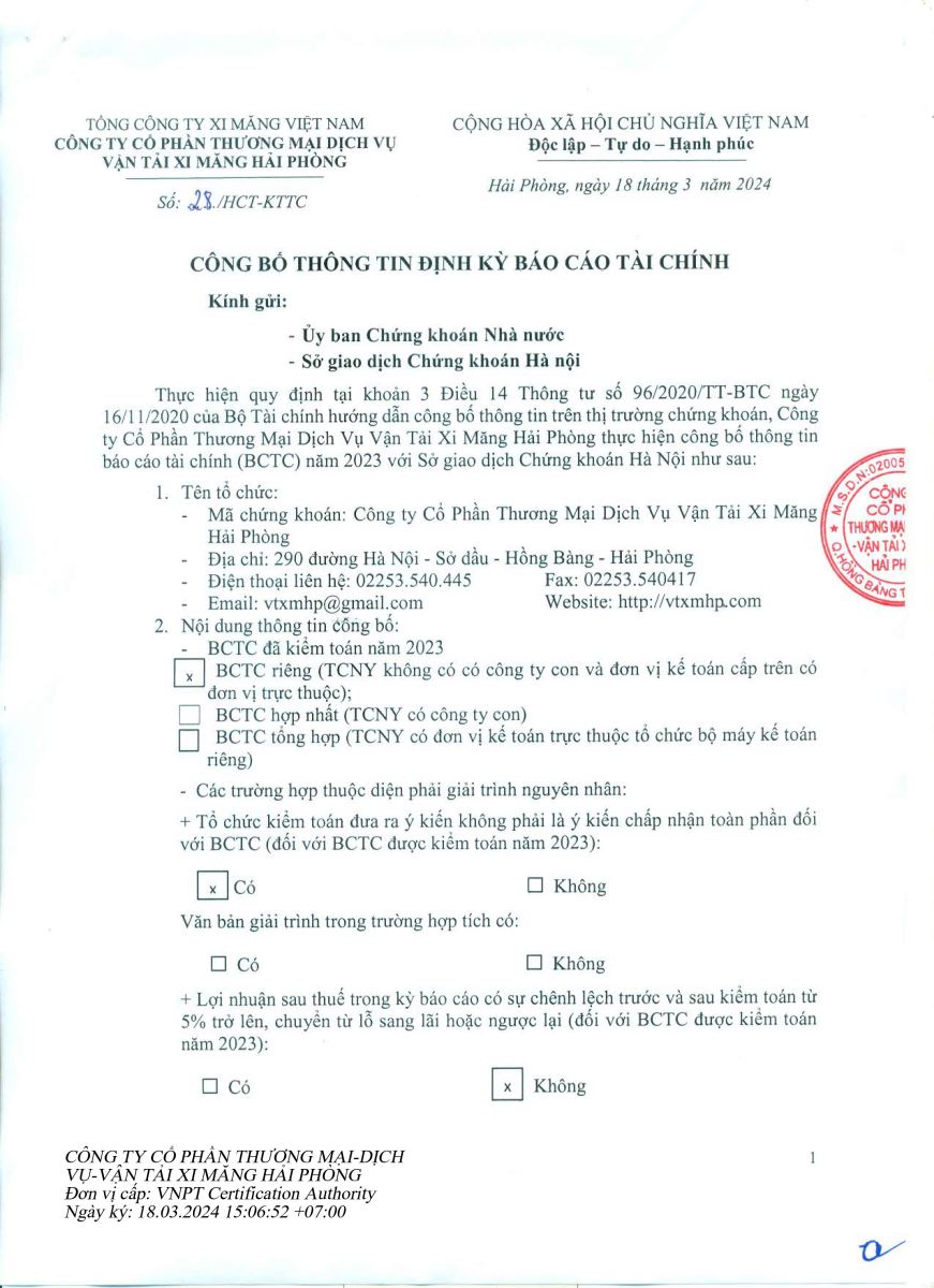 Công bố thông tin định kỳ báo cáo tài chính đã kiểm toán năm 2023