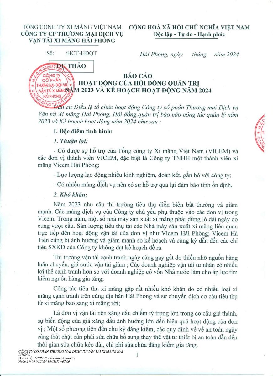 Dự thảo báo cáo hoạt động của Hội đồng quản trị năm 2023 và kế hoạch hoạt động năm 2024