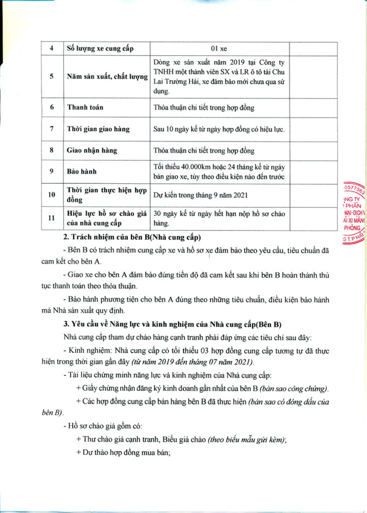 Thư mời - Chào hàng cạnh tranh cung cấp xe ô tô tải tự đổ trọng tải 05 tấn nhãn hiệu THACO-Trường Hải